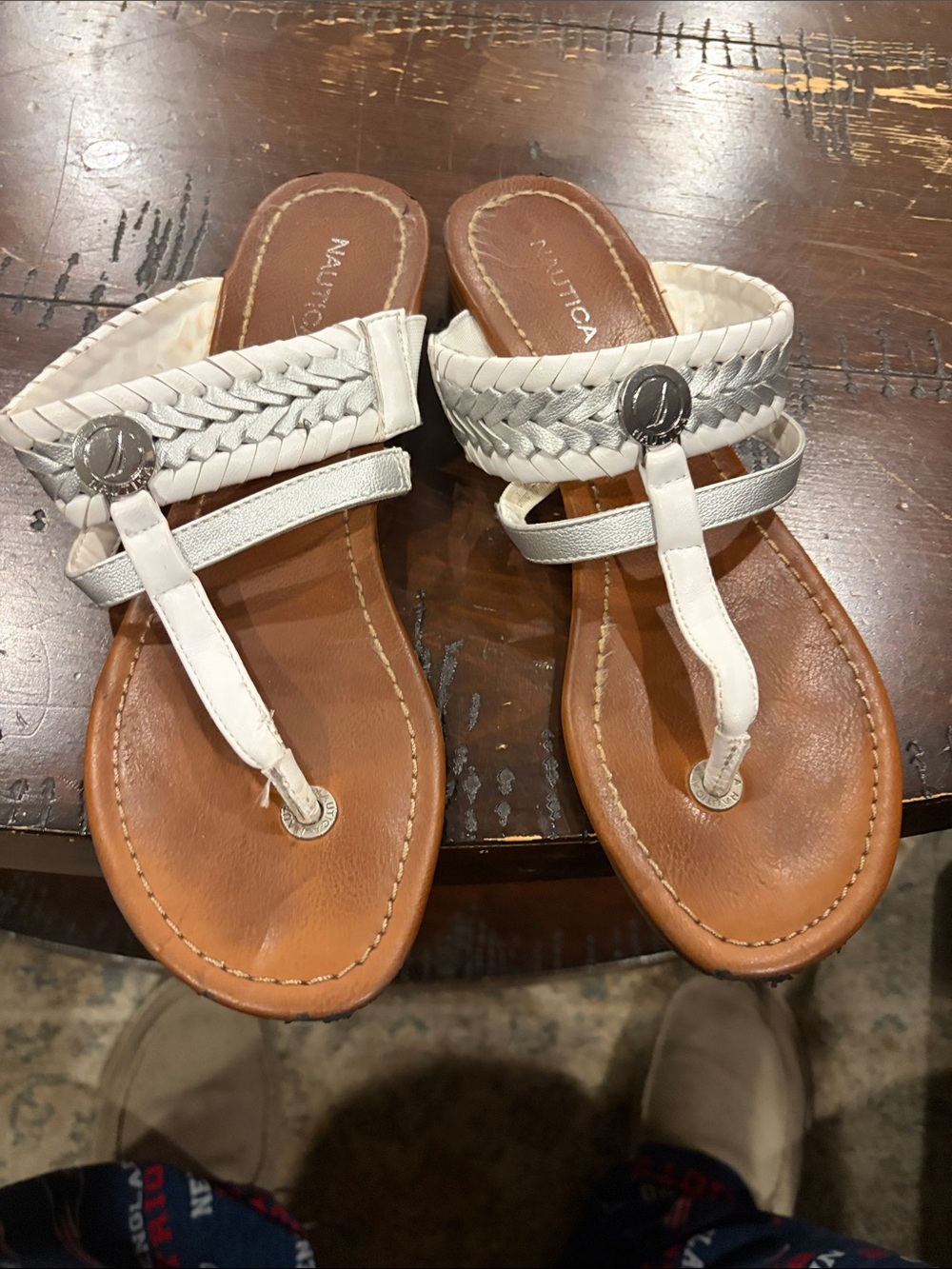 Nautica White and Brown Braided Thong Sandals with Silver Accent